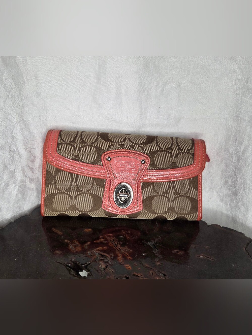 Coach Signature Canvas Wallet with Coral Trim